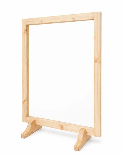 A light natural wood freestanding sign holder or acrylic board frame on a white background, with small text below reading 'yoyo_power_acrylic_board.png'.